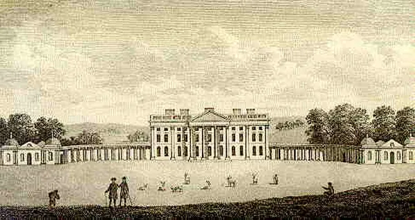 Moor Park during the 1780s when the colonnaded wings were still in situ. Today, the remaining corps de logis is the club house of a golf course.