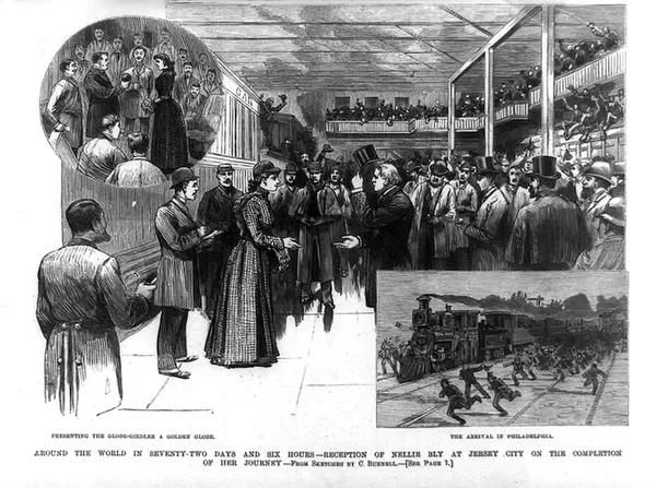 A woodcut image of Nellie Bly's homecoming reception in Jersey City printed in Frank Leslie's Illustrated News on February 8, 1890