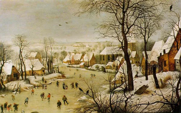 Pieter Brueghel the Younger: Winter Landscape with a Bird Trap (1565). Oil on oak board; 39 × 57 cm (15.4 × 22.4 in); Kunsthistorisches Museum, Gemäldegalerie