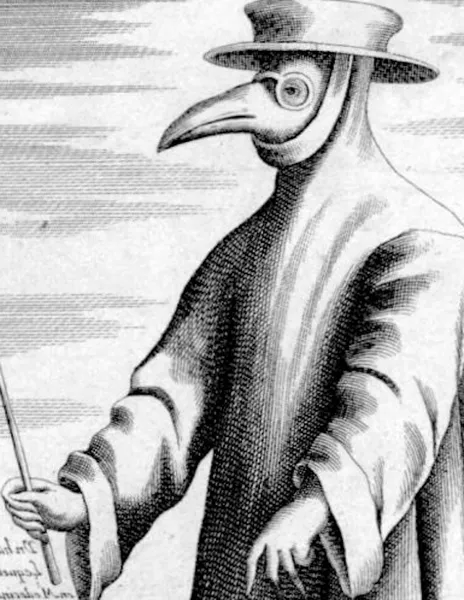 Gerhart Altzenbach, Kleidung widder den Todt: Anno 1656 (Habitus Contra Mortem / Un habit contre la Morte), c.1656. The engraving depicts a Roman plague doctor wearing protective clothing – including glass goggles and beak-shaped mask – typical of its time and place. The attire and its purpose are described in Latin, French and German. The image is discussed in G. L. Townsend, ‘The Plague Doctor’, J Hist Med Allied Sci, 20 (1965), 276.