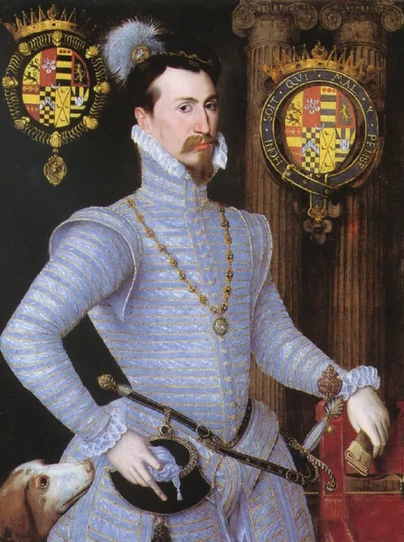 Robert Dudley, Earl of Leicester, c. 1564. In the background are the devices of the Order of Saint Michael and the Order of the Garter; Robert Dudley was a knight of both.