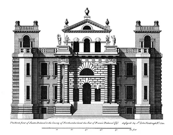 Seaton Delaval Hall – central block drawn before completion, as Vanbrugh envisaged the house. The statues on the pediments were never executed. (Engraving from Colen Campbell, Vitruvius Britannicus vol. 3, 1725.)