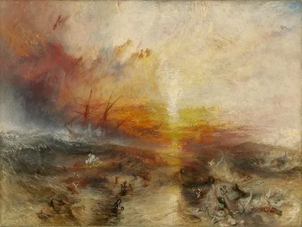 J. M. W. Turner: Slavers Throwing overboard the Dead and Dying—Typhoon coming on. (1840) Oil on canvas 90.8 cm × 122.6 cm (35.7 in × 48.3 in); Museum of Fine Arts, Boston
