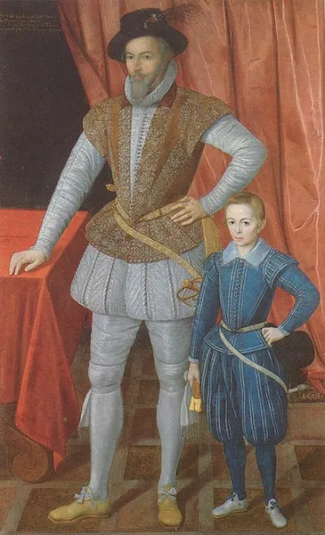 Raleigh and his son Walter in 1602. Oil on canvas; 199.4 × 127.3 cm (78.5 × 50.1 in); National Portrait Gallery