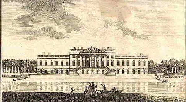 The Palladian Wanstead House, commissioned in 1715 by Sir Richard Child from a design by Colen Campbell. By the time of its completion in 1722 Child had been created 1st Viscount Castlemain. Viewed across the Basin from due west standing at the entrance gates. Illustration from Nathaniel Spencer, The Complete English Traveller, London 1771
