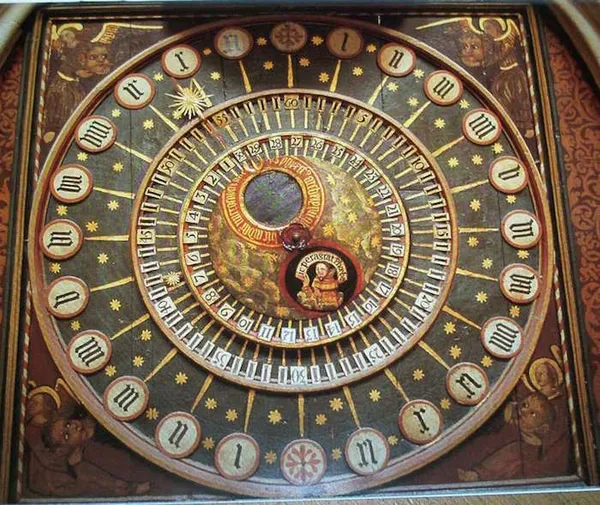 The dial of the clock inside Wells Cathedral (photographed by Cormullion in August 2004)