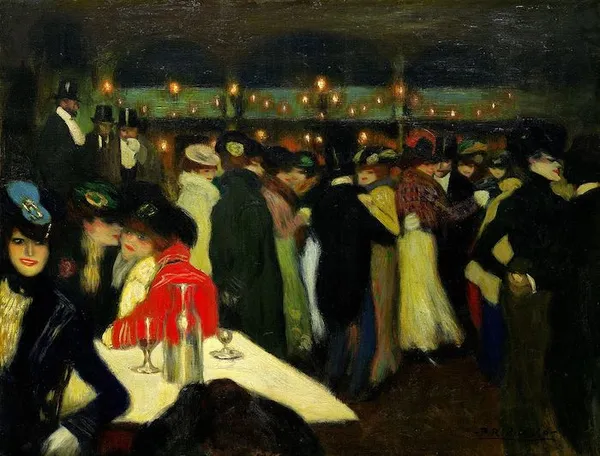 Pablo Picasso:  Le Moulin de la Galette (1900). Oil on canvas 35 5/16 inches x 46 inches (89.7 x 116.8 cm). Solomon R. Guggenheim Museum, New York