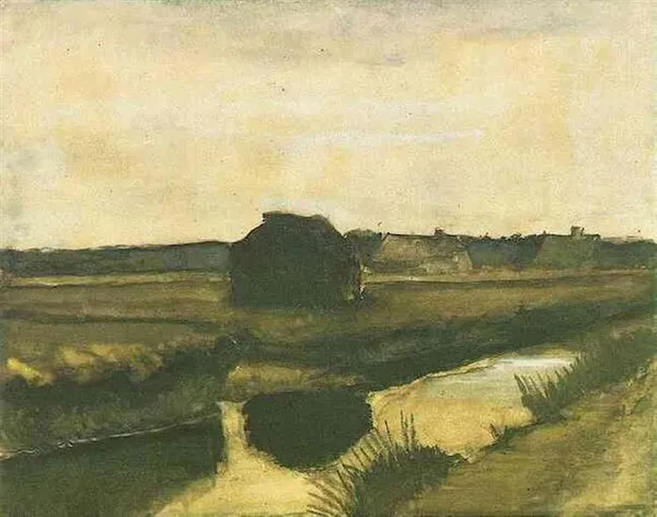 Vincent van Gogh: Landscape with a Stack of Peat and Farmhouses (1883); watercolor on paper; Van Gogh Museum, Amsterdam, Netherlands