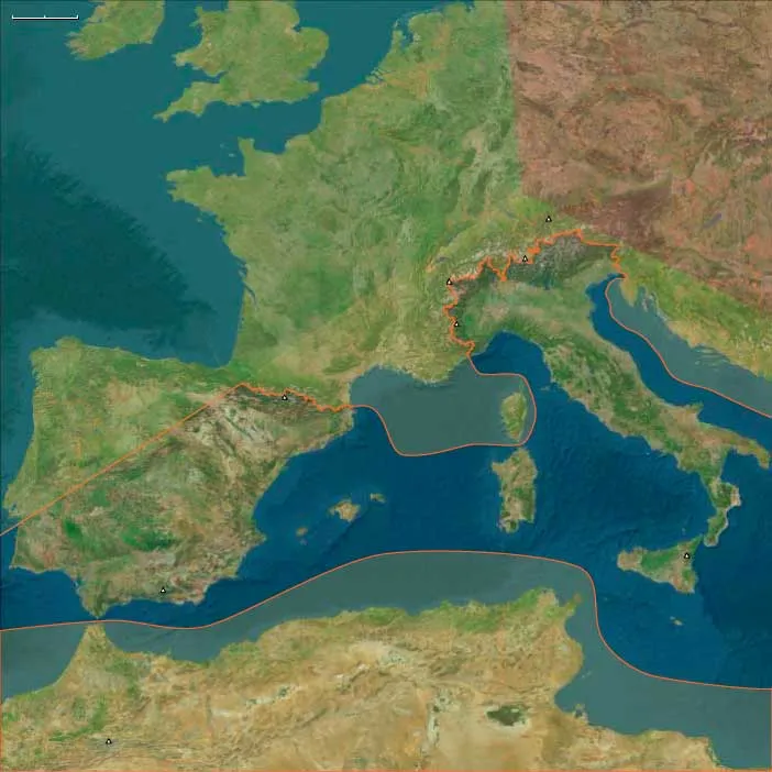 Map: Mediterranean Southwest Europe, 49293 BCE to 28558 BCE
