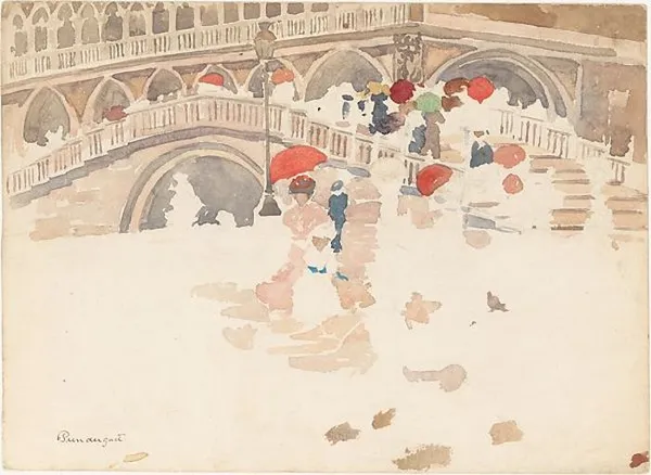 Maurice Brazil Prendergast: Umbrellas in the Rain (ca. 1898-1899); Watercolor and graphite on off-white wove paper 10 x 13 3/4 in. (25.4 x 34.9 cm). Metropolitan Museum of Art