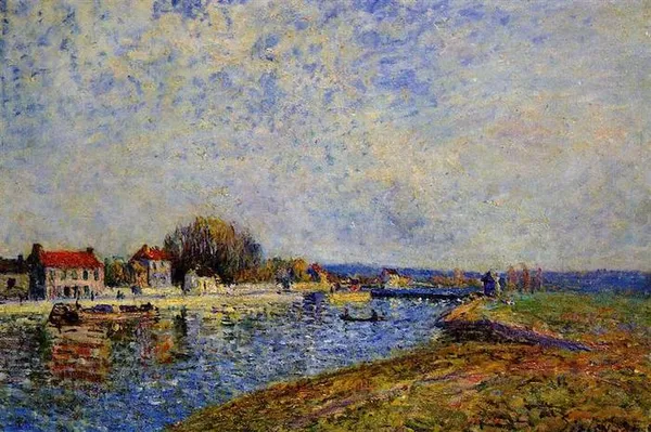 Alfred Sisley : The Dam, Loing Canal at Saint Mammes (1884) Oil on canvas. Private collection.