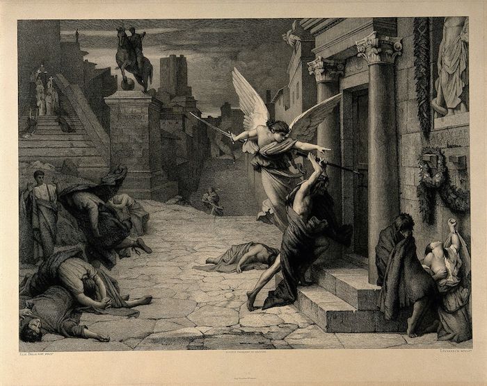 The angel of death striking a door during the plague of Rome; engraving by Levasseur after Jules-Elie Delaunay (This file comes from Wellcome Images, a website operated by Wellcome Trust, a global charitable foundation based in the United Kingdom.)