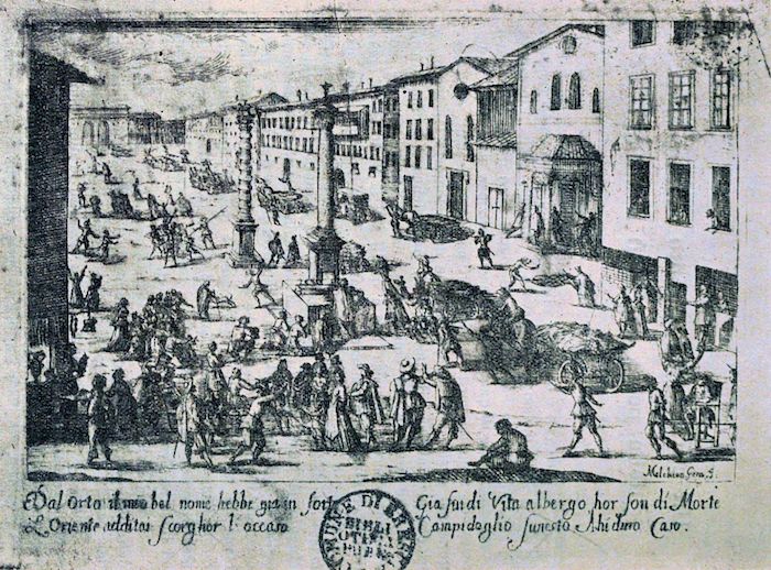 View of Piazza San Babila, Milan during the plague of 1630. The Porta Orientale is in the background. In the centre of the piazza stand the column of S. Mona (1585) and the column of the lion (1628); at the foot of the former a priest celebrates mass. Eight plague carts laden with corpses head towards the Porta Orientale – presumably to the cemetery of S. Gregorio which stood by the lazaretto beyond the city gate. Another corpse lies on the ground by the church of S. Babila.
This is from a series of fourteen etchings which were accompanied by a dedication to an un-named prince-cardinal, probably Teodoro Trivulzio. They are in the Pinacoteca Tosio Martinengo di Brescia.
Source: G. Nicodemi, ‘Un curioso documento iconografico della peste del 1630 a Milano’, Archivio storico lombardo, 5th series 9 (1922), 361–63 (p. 362). Author: Melchiorre Gherardini