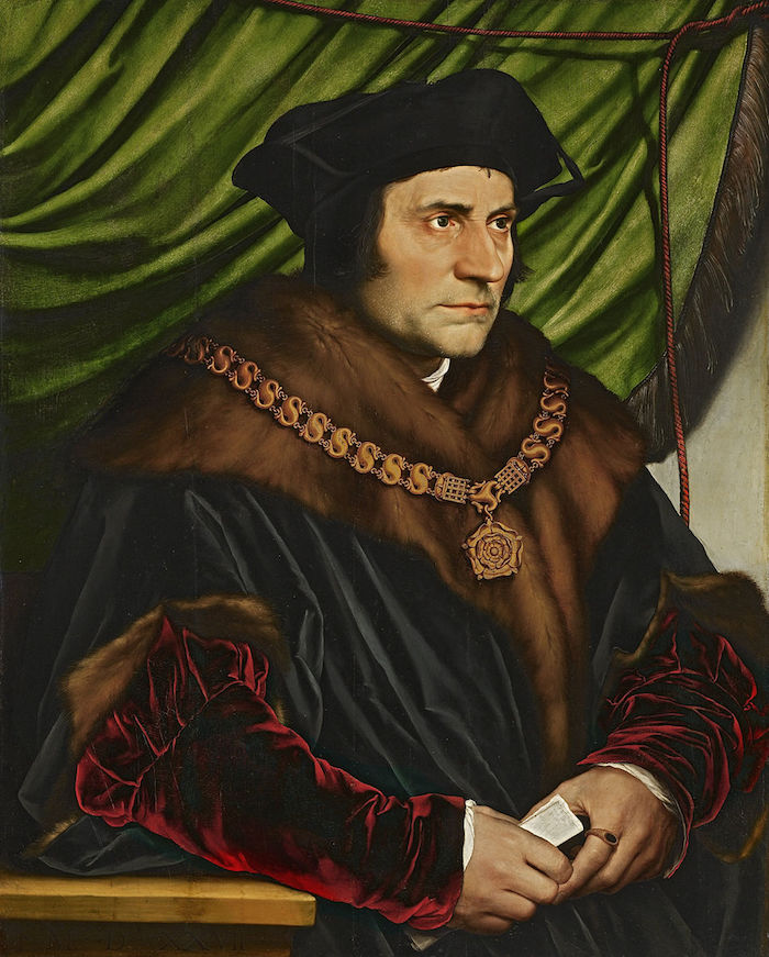 Hans Holbein the Younger: Portrait of Sir Thomas More (1527) Oil on oak, 74.2 cm × 59 cm (29.2 in × 23 in), Frick Collection, New York